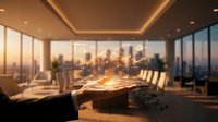 Businessman holding glowing digital network interface in modern office at sunset, showcasing futuristic data analytics and global connectivity concept.