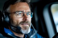 Mature Caucasian male pilot with gray beard and glasses wearing headset smiles confidently in cockpit during flight, professional aviation portrait.