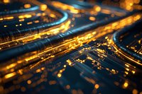 Glowing circuit board paths with golden light effects and bokeh, macro view showing electronic technology connections and data flow patterns in blue tones.