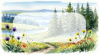 Watercolor landscape painting with rolling hills, evergreen trees, wildflowers and winding path through peaceful countryside scenery for wall art.