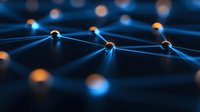 Abstract network connections with glowing nodes and lines on dark blue background for technology and digital communication concepts.