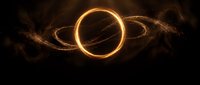 Abstract golden ring with orbital particles and glowing energy trails on dark background for futuristic technology and space concepts.