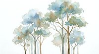 Watercolor forest landscape with delicate trees in soft blue and green tones on white background, perfect for wall art and home decor projects.