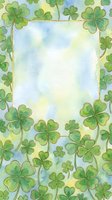 Watercolor shamrock frame with green four-leaf clovers on soft blue background, golden border, copy space for St. Patricks Day greeting card.
