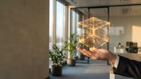 Businessman holding a glowing golden holographic cube with a brain inside, representing AI and futuristic technology in a modern office.