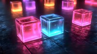 Glowing neon cubes on dark reflective surface with vibrant pink, blue, and orange colors creating futuristic atmosphere. Modern abstract composition for tech backgrounds.