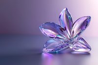 Iridescent crystal flower with five petals in purple and blue hues glowing on reflective surface against soft gradient background. Elegant decorative element.
