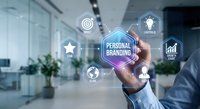 Professional businessman touching holographic personal branding interface with digital icons in modern office environment for marketing strategy development.