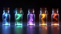 Glowing neon energy liquid in glass bottles with blue, green, purple, yellow and red luminescent effects isolated on dark background for fantasy, gaming and magical design projects.