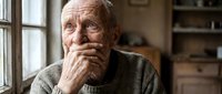 Thoughtful elderly Caucasian man with hand on chin in contemplative pose by window in cozy home interior for lifestyle and aging concepts.