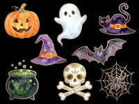 Spooky Halloween collection featuring jack-o-lantern pumpkin, friendly ghost, black cat in witch hat, purple witch hat, flying bat, bubbling cauldron, skull and crossbones, and spider web. Isolated on transparent background, ready for t-shirts, stickers, clipart, and print-on-demand designs.