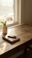 Rustic wooden desk with leather notebook and pen near window with white orchid in ceramic vase, warm natural sunlight creating peaceful workspace atmosphere.