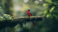 Vibrant red and blue tropical bird perched on moss-covered branch in lush rainforest setting with soft bokeh background creates dreamy natural atmosphere.