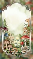 Watercolor mushroom forest frame with ferns and toadstools creates enchanting woodland border for autumn designs and nature-themed projects.