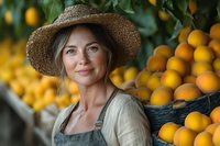 Smiling mature Caucasian female farmer in straw hat and overalls standing near fresh oranges at citrus farm market. Natural organic produce concept.