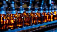 Small amber glass bottles with black caps in pharmaceutical production line illuminated by warm glowing lights creating bokeh effect in manufacturing facility.