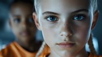 Young Caucasian woman with short blonde hair and blue eyes in orange prison uniform with blurred inmate background for crime drama concepts.
