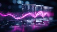 Glowing pink light trail swirls around glass containers on dark reflective surface with bokeh background creating magical atmospheric composition.