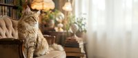 Fluffy tabby cat sitting on wooden chair in cozy home interior with warm lighting and plants creating peaceful domestic atmosphere for pet lovers.