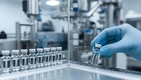Laboratory technician in blue gloves holding test tube in modern pharmaceutical research facility with equipment and vials for medical testing.