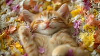 Smiling ginger kitten lying in colorful spring flowers with raised paw, expressing joy and happiness. Playful feline among pink and yellow petals.