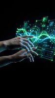 Hands interacting with glowing neon green and blue holographic digital interface, circuit patterns, and data visualization on black background for technology and innovation concepts.