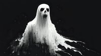 Ghostly white apparition with skull face emerging from darkness against black background, dramatic horror art style with dripping ethereal effects and haunting expression.