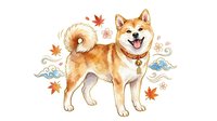 Smiling Shiba Inu dog with autumn leaves and decorative swirls, isolated on white background, suitable for t-shirt design and clipart use.