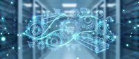 Digital cloud computing network with interconnected icons floating above modern data center server room background for business technology solutions.