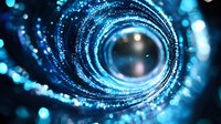 Glowing blue spiral tunnel with bokeh light effects and particles creating futuristic space-time portal atmosphere against dark background.