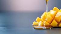 Fresh ripe mango cut in cubes with sweet honey dripping on dark surface, close up view with soft focus background, healthy tropical fruit dessert.