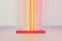 Vibrant rainbow light beam streaming down onto red platform against white background creates futuristic minimalist scene with colorful spectrum display.