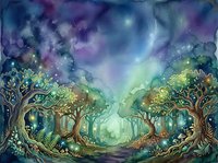 Enchanted forest with ancient trees, glowing magical lights, and mystical atmosphere under starry night sky. Suitable for fantasy artwork, book illustrations, and imaginative design projects.