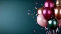 Colorful metallic balloons in pink, burgundy, gold and teal floating against dark teal background with golden bokeh lights for party celebration events.
