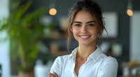 Young professional Caucasian woman with brown hair in white button-up shirt smiling confidently in modern office setting with soft bokeh lights and plants in background.