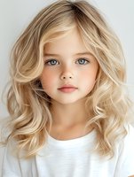 Young Caucasian girl with wavy blonde hair and bright blue eyes wearing white top, looking directly at camera with natural makeup and soft lighting for beauty and fashion.