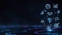 Digital business innovation concept with glowing icons emerging from futuristic circuit board background for technology presentations and corporate design.