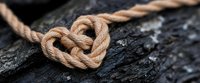 Heart shaped knot tied from natural jute rope on dark stone background, symbolizing love, commitment and strong bonds. Romantic concept for valentines day.
