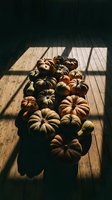 Autumn pumpkin harvest display on rustic wooden floor with dramatic window light shadows creating seasonal farm atmosphere for fall decorating projects.