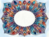 Ornamental mandala frame with colorful feather motifs in jewel tones, isolated on white background, ready for design projects, invitations, and decorative applications.