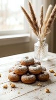 Fresh baked donuts dusted with powdered sugar stacked on rustic wooden table with pampas grass vase and natural window light for cozy bakery atmosphere.