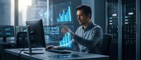 Young professional businessman analyzing financial data charts on computer screen in modern office with city skyline background during evening hours.