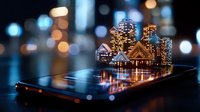 Glowing miniature cityscape on smartphone screen with illuminated skyscrapers and buildings reflecting on glass surface against blurred bokeh city lights.