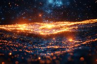 Abstract digital particle wave flowing through cosmic space with golden orange lights and blue nebula background for technology presentations.