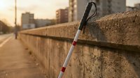 White cane with red stripes leaning against stone wall during golden hour sunset in urban environment for accessibility and mobility assistance.