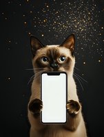 Siamese cat holding smartphone with blank screen against starry night sky background for mobile app mockup and digital marketing campaigns.
