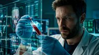 Scientist examining blood sample with digital holographic display overlay showing medical data analysis and genetic research in modern laboratory setting.