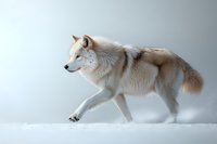 Majestic Arctic wolf walking through snow with graceful stance, white fur gleaming against light background, displaying natural predator behavior in winter setting.