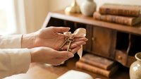 Woman hands holding vintage brass keys in cozy home interior with wooden furniture and warm lighting atmosphere for real estate concepts.