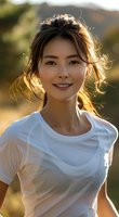 Young Asian woman in white t-shirt smiling at sunset with golden backlight creating a warm glow. Natural beauty portrait perfect for lifestyle, fashion, and wellness advertising.